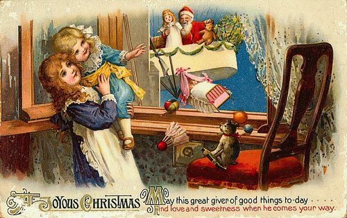 Victorian Christmas Greeting Card Santa & Children Window Scene