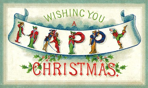 Vintage Happy Christmas Greeting Card with Jesters, Victorian Era