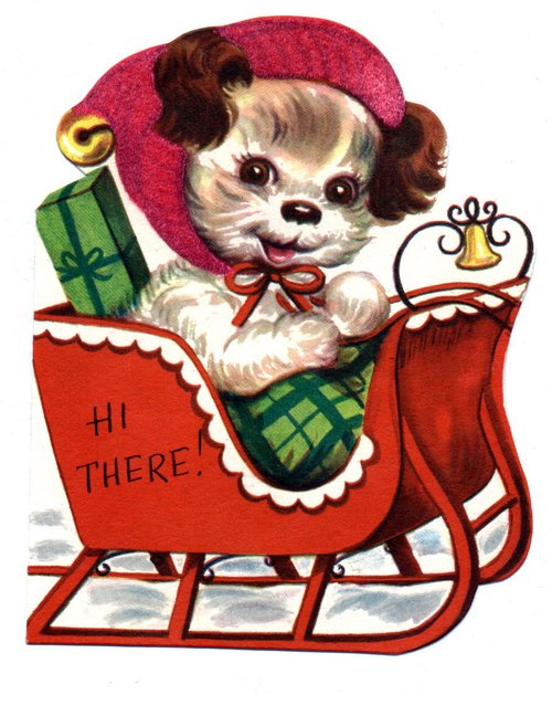 Vintage Christmas Dog in Sleigh Die-Cut Greeting Card
