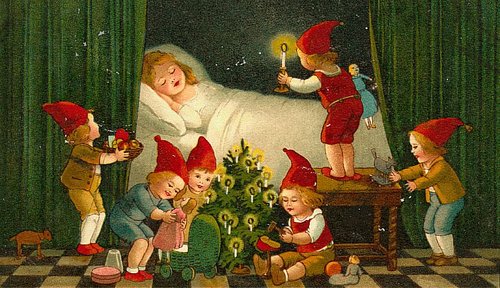 Victorian Christmas Elves Sleeping Child Vintage Greeting Card