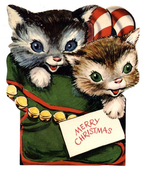 Vintage Christmas Card with Two Playful Kittens in Stocking