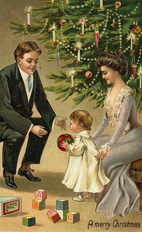Edwardian Christmas Greeting Card with Family and Decorated Tree