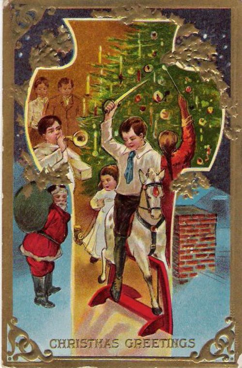 Victorian Christmas Greeting Card with Children, Rocking Horse, and Christmas Tree