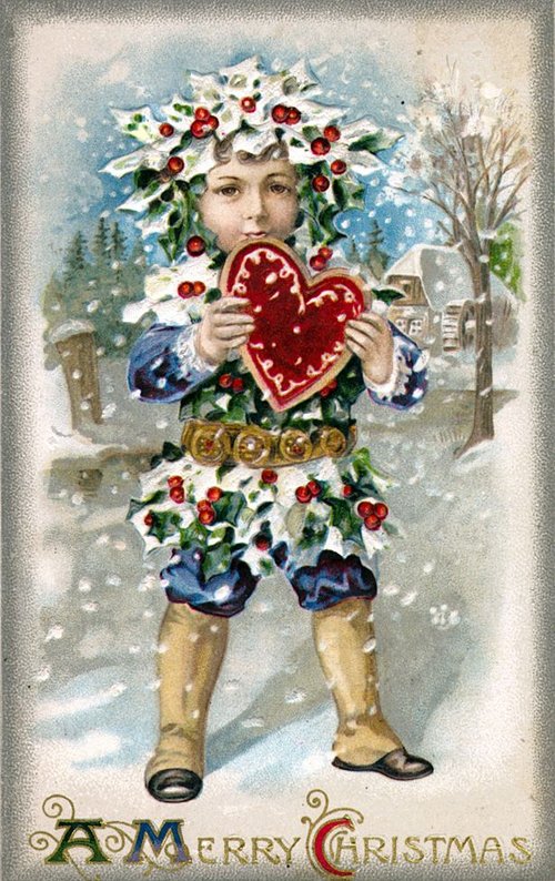 Victorian Christmas Card: Child with Holly Heart & Winter Landscape