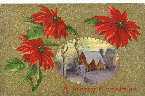 Victorian Christmas Greeting Card Poinsettia Snow Scene Gold