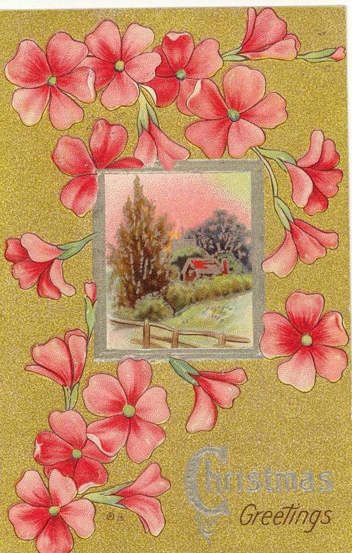 Victorian Christmas Greetings Card with Pink Flowers & Winter Landscape