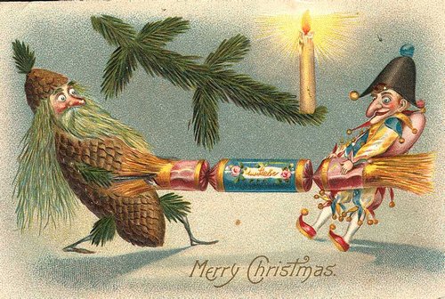 Victorian Christmas Card with Anthropomorphic Pine Cone and Elf Pulling Cracker