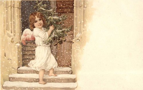 Victorian Angel Christmas Card with Snowy Doorway Scene