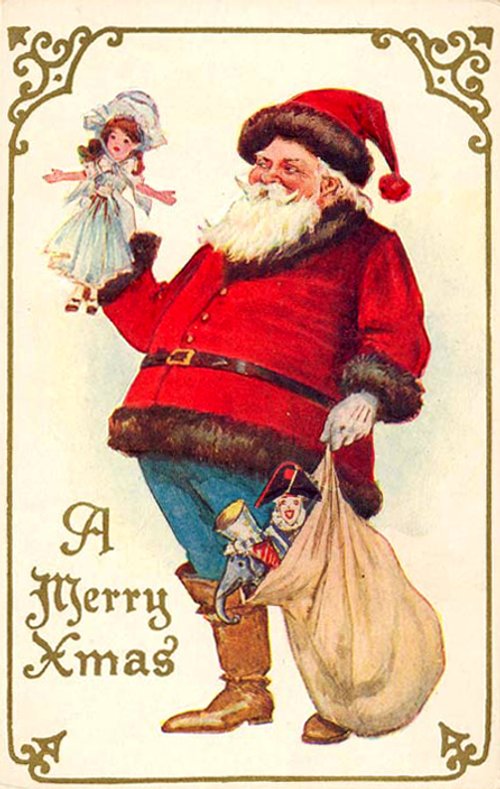 Victorian Santa Claus Christmas Greeting Card with Doll - Antique