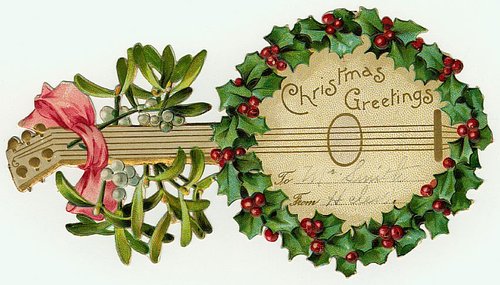 Victorian Christmas Greetings Die-Cut with Mistletoe & Holly Wreath and Stringed Instrument