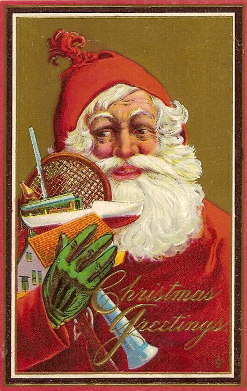 Vintage Santa Christmas Greetings Card, Early 1900s Chromolithograph