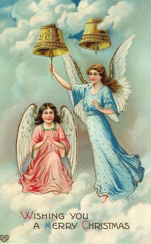 Victorian Christmas Angels with Golden Bells Vintage Greeting Card