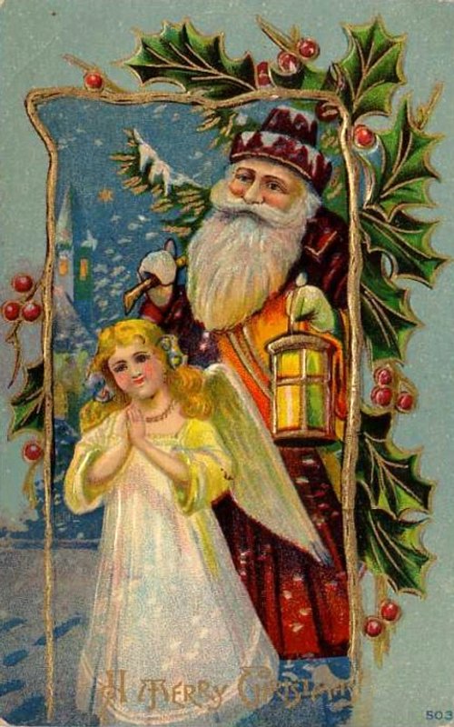 Victorian Christmas Greeting Card: Santa & Angel Design