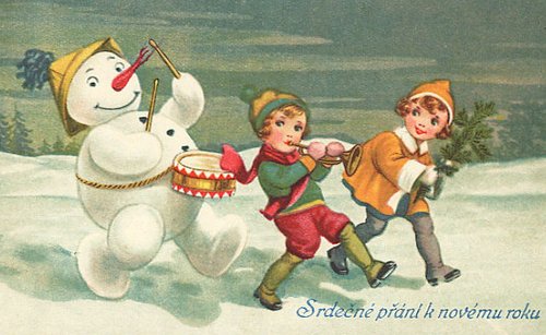 Vintage New Year Card: Children & Snowman Winter Greeting