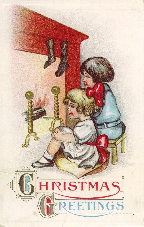 Victorian Christmas Greetings Card with Children & Stockings