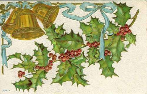 Victorian Holly Christmas Greeting Card with Gold Bells