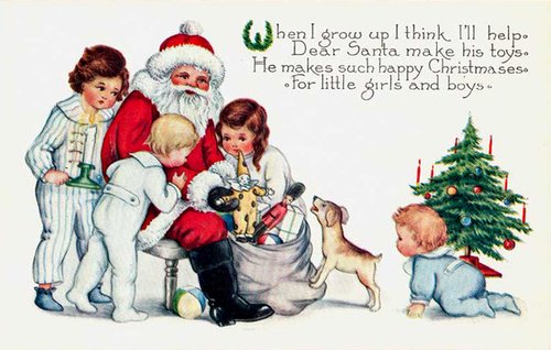 Victorian Christmas Greeting Card Santa Toys Children