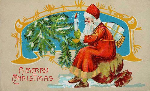 Victorian Christmas Card with Santa Claus and Candle