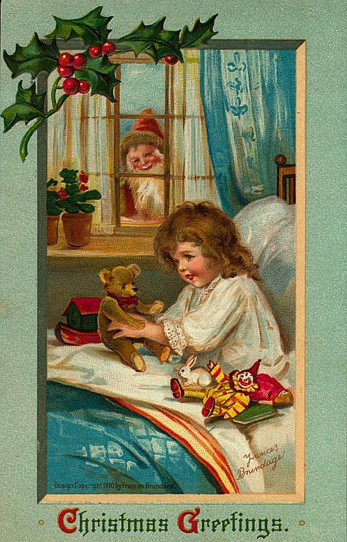 Victorian Christmas Greeting Card: Child with Teddy Bear and Santa Window