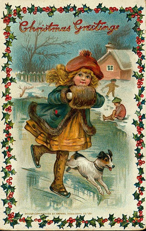 Victorian Christmas Greetings Card: Child Ice Skating with Dog