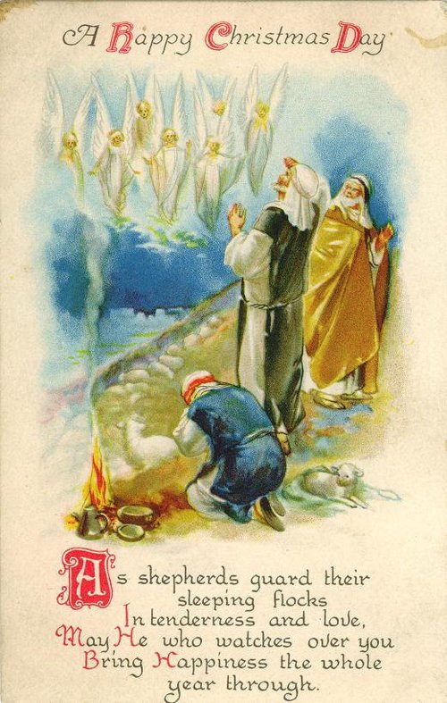 Victorian Christmas Card with Nativity Shepherds & Angels