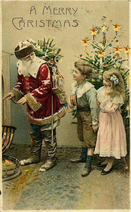 Victorian Christmas Card: Santa with Children & Decorated Tree