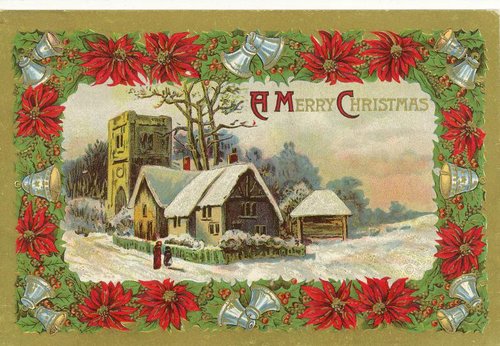 Victorian Christmas Card with Snow-Covered Church & Poinsettia Border