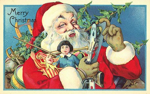 Vintage Santa Christmas Greeting Card with Child and Toys