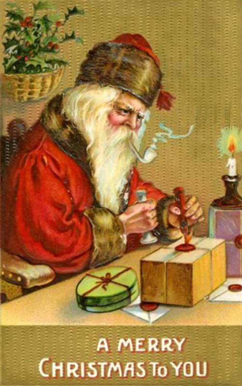 Victorian Christmas Santa Card with Pipe & Toys - Vintage Greeting