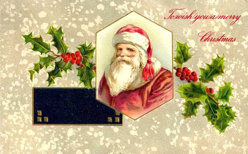 Victorian Santa Christmas Greeting Card with Holly, Red and Gold