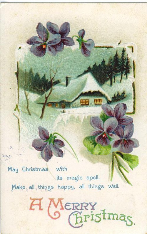Vintage Christmas Card Winter Cottage Purple Violets Edwardian