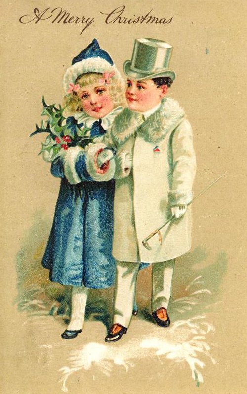 Victorian Christmas Card with Children in Winter Attire