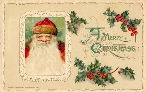 Victorian Santa Christmas Greeting Card with Holly Berries