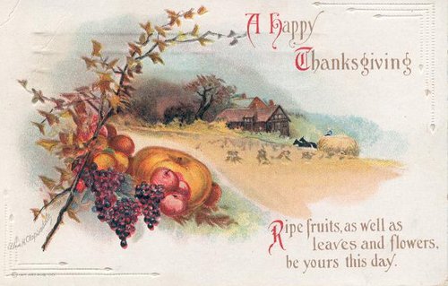 Victorian Thanksgiving Greeting Card with Harvest Fruits & Rural Farm