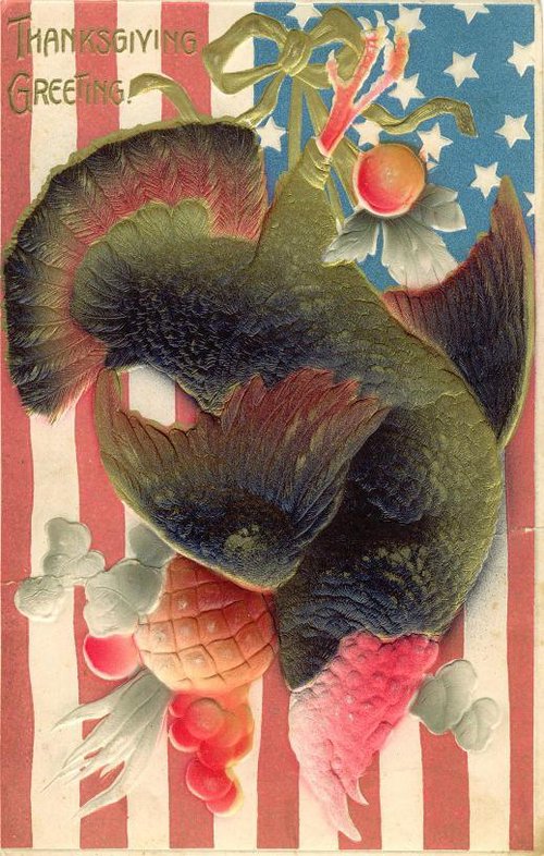 Vintage Thanksgiving Turkey Greeting Card, Patriotic American Flag Design