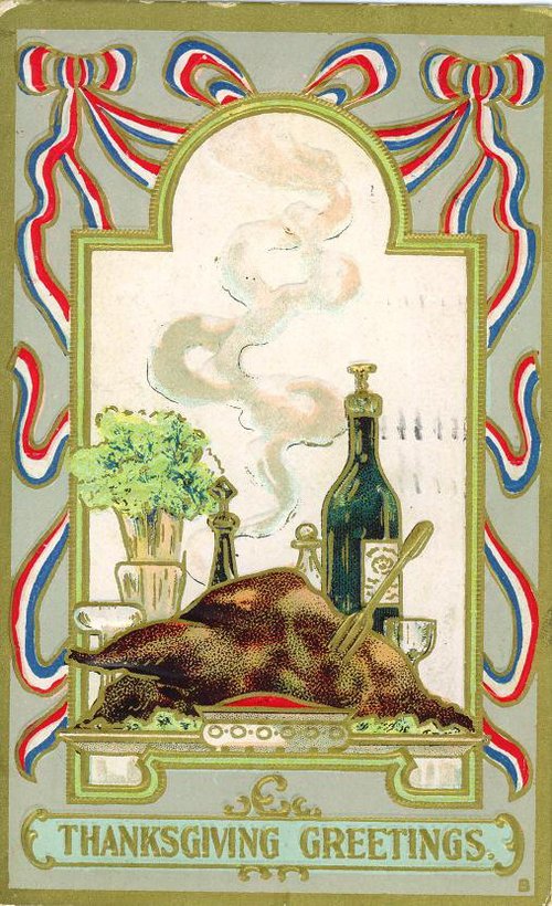 Victorian Thanksgiving Greetings Card with Dead Game & Wine Bottle