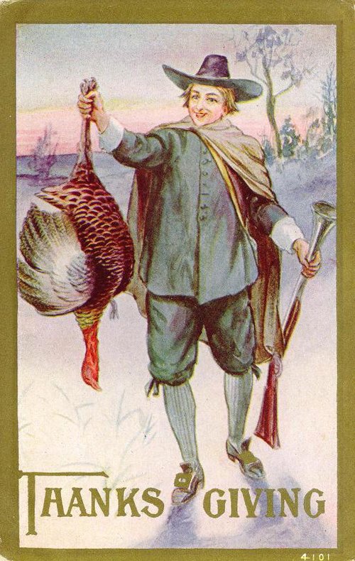 Vintage Thanksgiving Greeting Card with Hunter and Turkey, Early 1900s