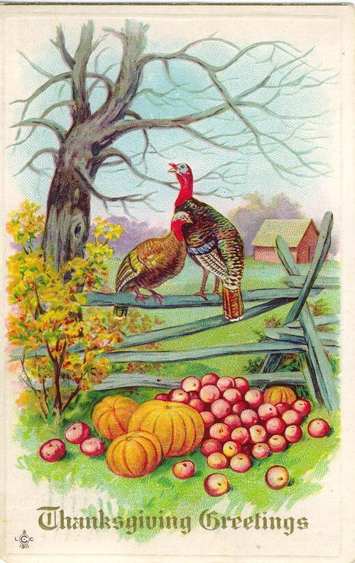 Vintage Thanksgiving Greetings Card with Turkey, Pumpkins & Harvest