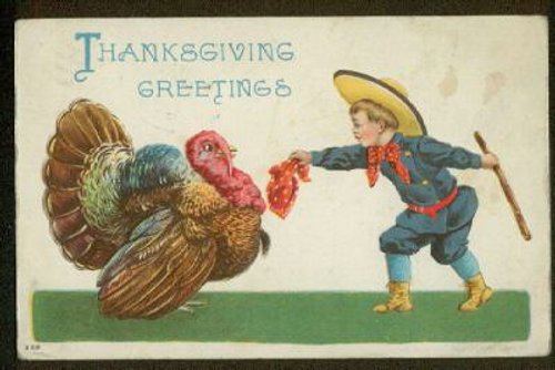 Vintage Thanksgiving Greetings Card with Cowboy & Turkey