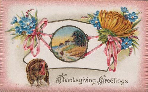 Victorian Thanksgiving Greetings Card with Turkey & Landscape