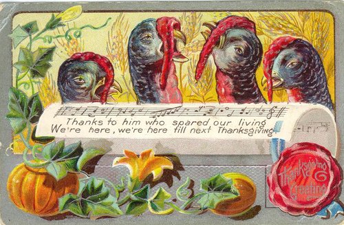 Vintage Thanksgiving Greeting Card with Turkeys & Musical Notes