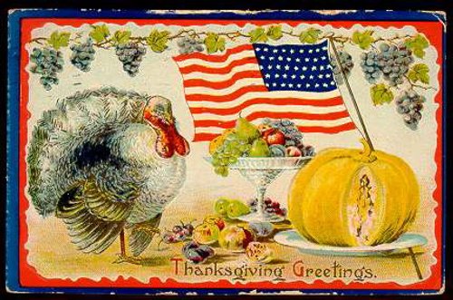 Vintage Thanksgiving Greetings Card with Turkey and American Flag