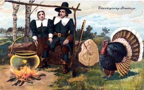 Thanksgiving Greetings Vintage Card Pilgrims Turkey