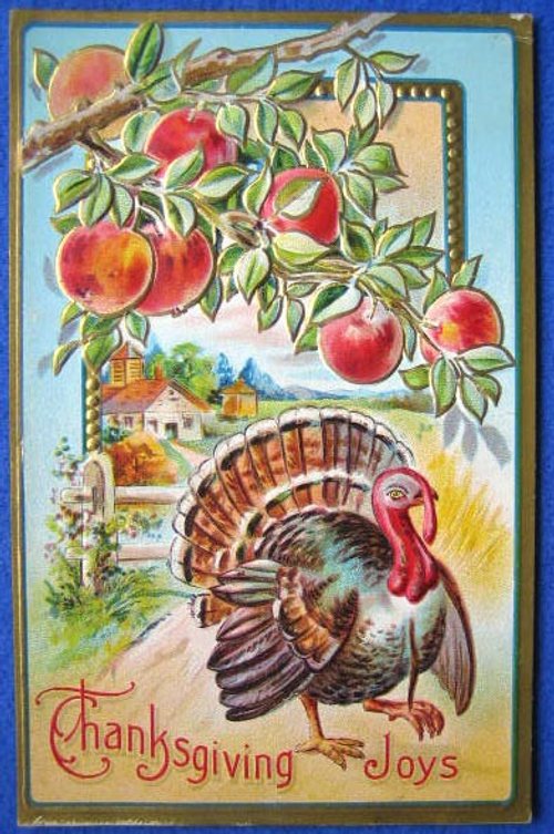 Vintage Thanksgiving Greeting Card with Turkey & Apple Orchard