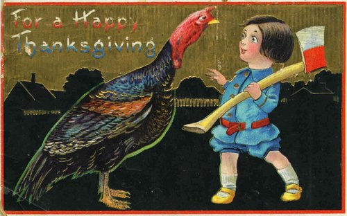 Vintage Thanksgiving Girl & Turkey Greeting Card, Early 1900s