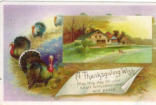 Victorian Thanksgiving Greeting Card with Turkeys and Farmhouse