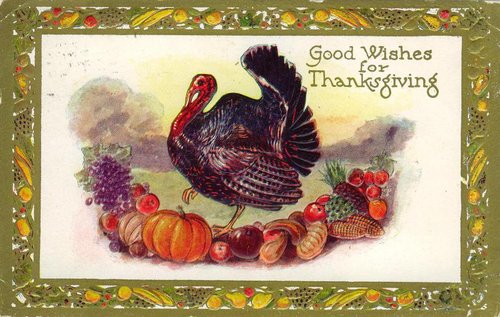 Vintage Thanksgiving Greeting Card with Turkey & Harvest