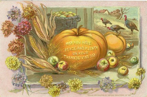 Vintage Thanksgiving Greeting Card with Pumpkins & Autumn Harvest