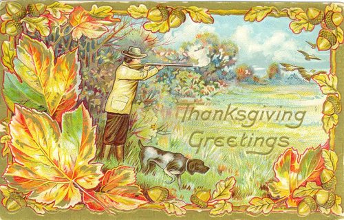 Vintage Thanksgiving Greetings Card, Hunter with Dog, Fall Leaves