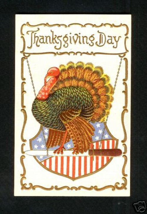 Vintage Thanksgiving Day Turkey Greeting Card with Patriotic Shield